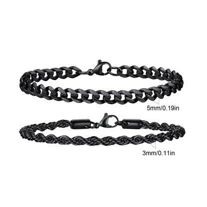 2pcs Men's Chain Bracelets,Stainless Steel Silver Gold Black Color Twist Rope Chain Wristband,Trendy Cuban Link Chains Gift