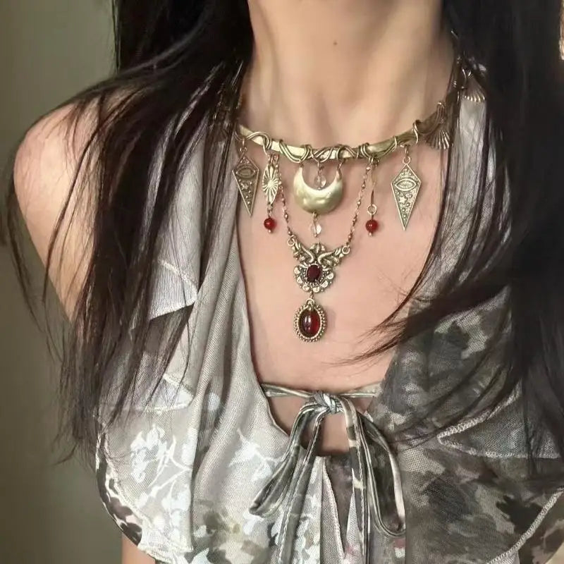Glamorous Choker with Vintage Appeal; Red Crystal Moon Geometric Pendant Design; Women's Daily, Prom, Date Night Jewellery.