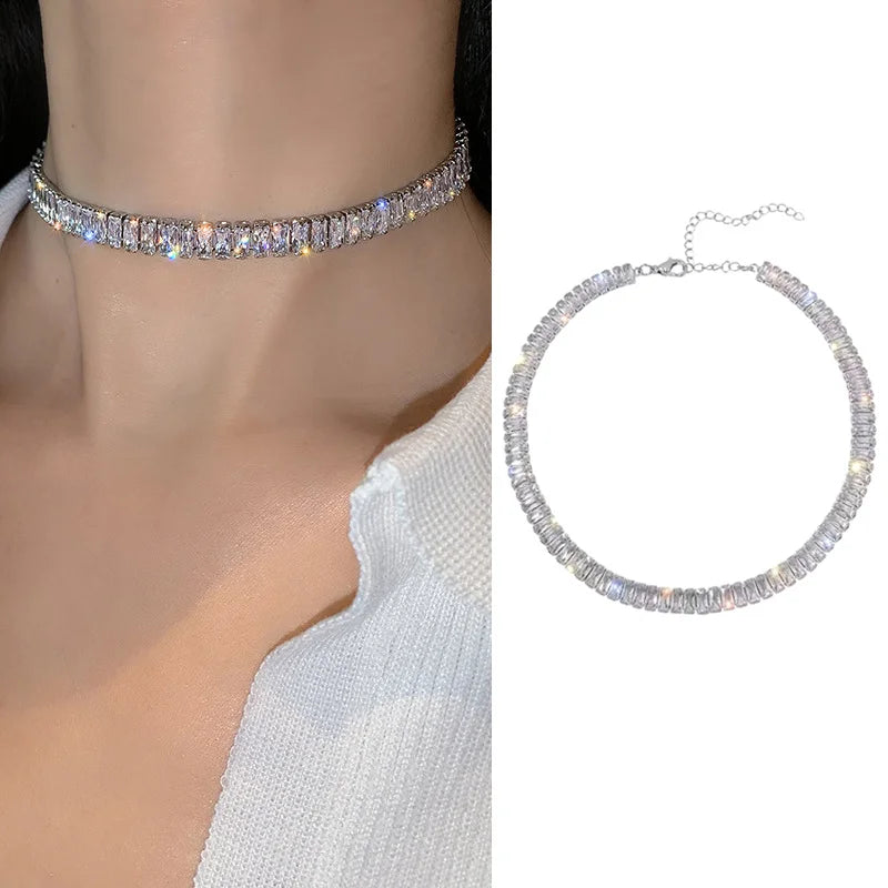 Beautiful Women's Crystal Necklace; Shiny Zircon Square Choker, Great Bridal Gift.