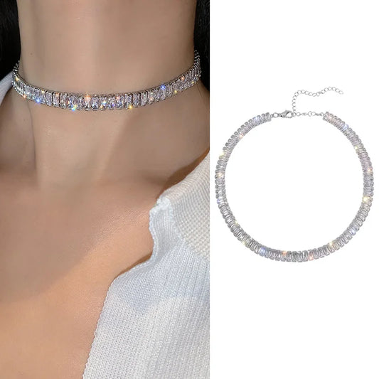 Beautiful Women's Crystal Necklace; Shiny Zircon Square Choker, Great Bridal Gift.
