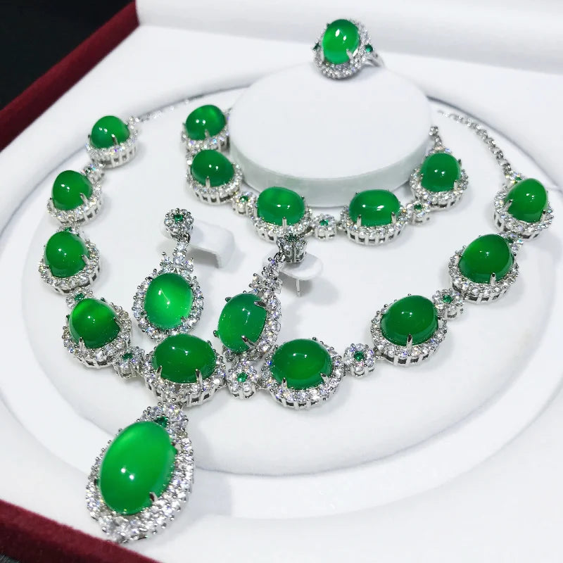 Handmade Jade Diamond Jewelry set 925 Sterling Silver Wedding Ring Earring Necklace Bracelet For Women Bridal Engagement Jewelry