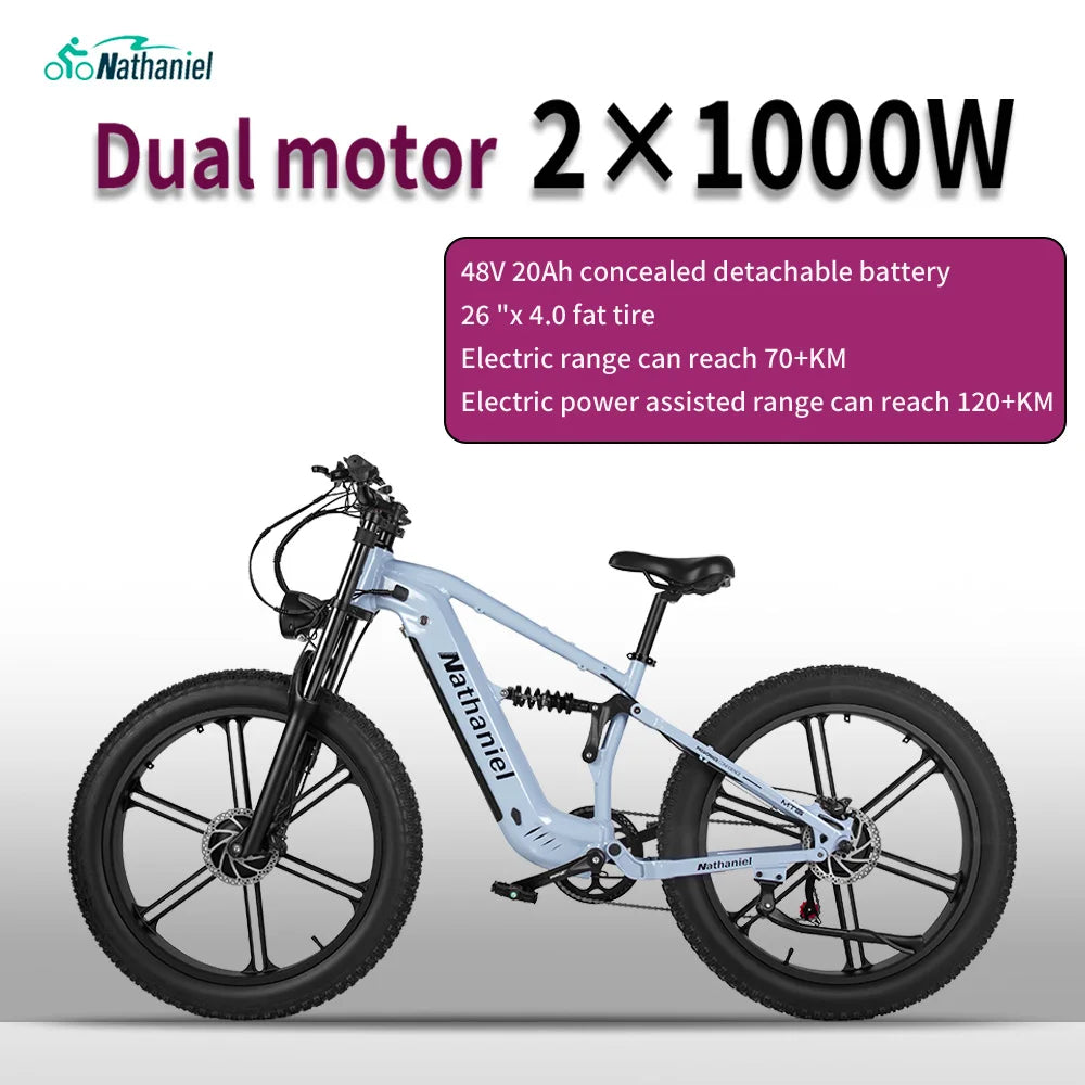Nathaniel SYR09 adult electric bike, Dual motor 2000W,26*4.0Fat tires,48V20Ah,55KM/H, All terrain off-road E-bike