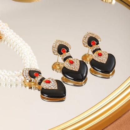 Bride Wedding Jewelry Set Elegant Enamel Rhinestone Love Imitation Pearl Beaded Necklace and Earrings Women's Party Accessories