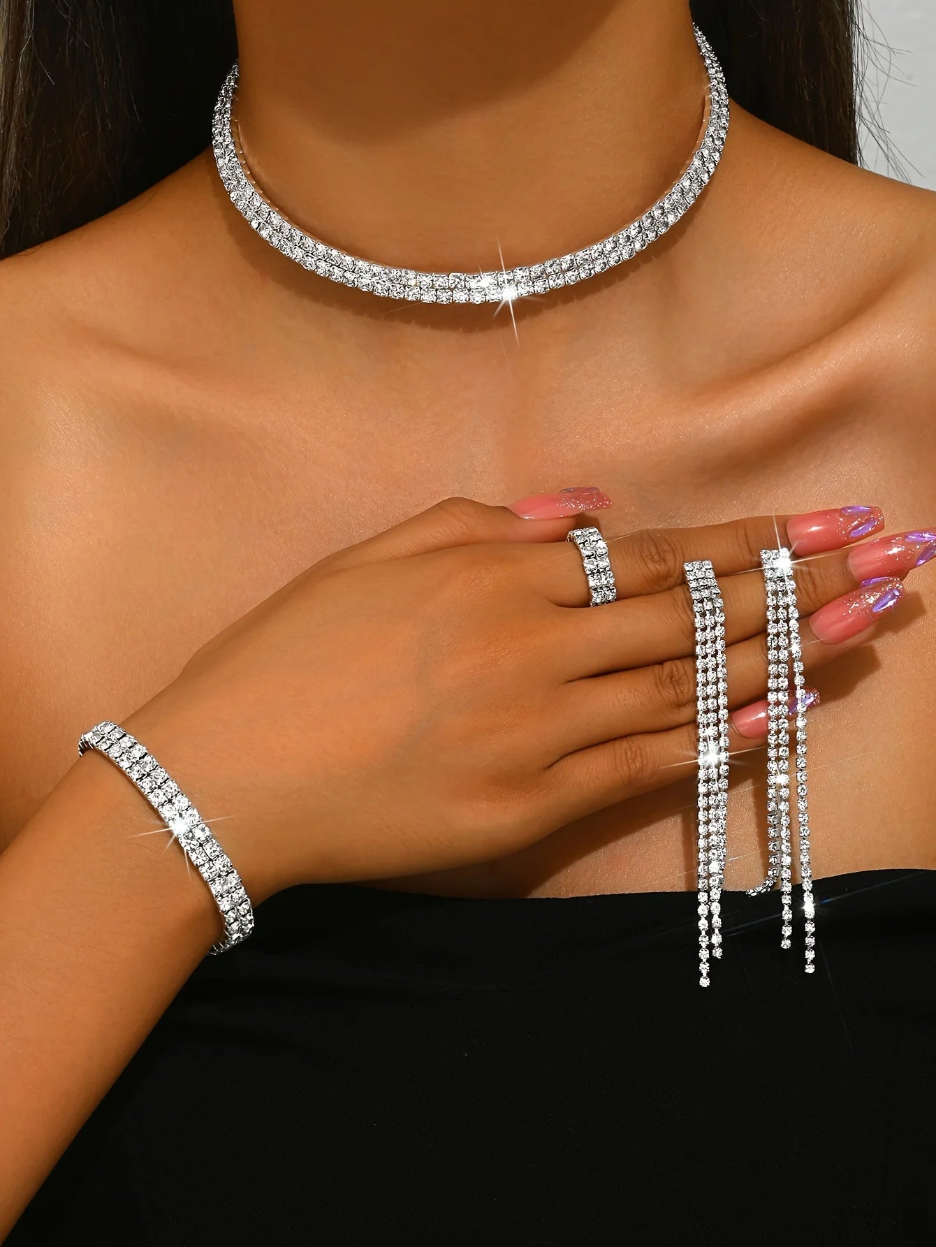 5pcs Luxurious Rhinestone Jewelry Set for Women,Choker, Earrings, Stretch Bracelet & Ring for Weddings, Banquets & Parties