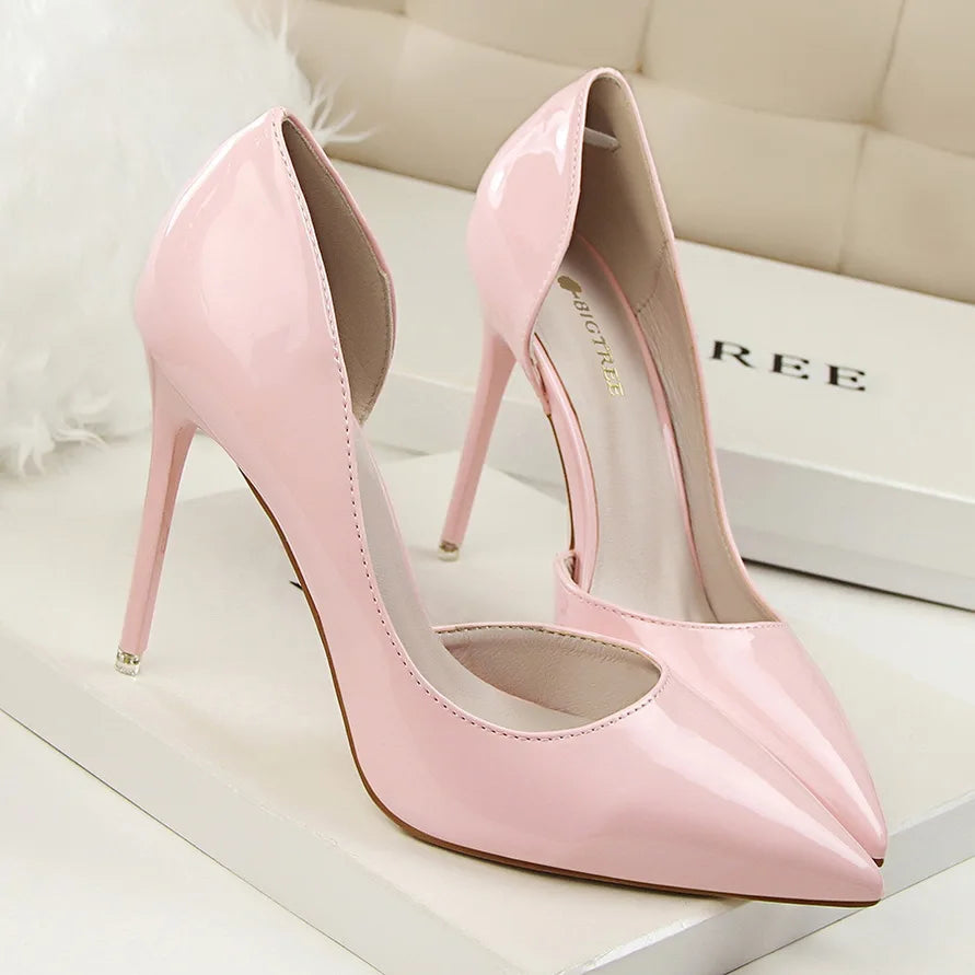 Women 7.5cm 10.5cm High Heels Yellow Pumps Office Stiletto Wedding Bridal Scarpins Short Heels Lady Hollow Party Shoes