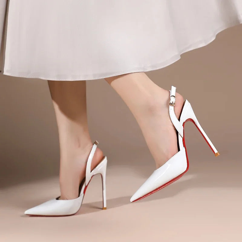 White patent leather toe back empty strap sandals for women, pointed thin heels, shallow mouth, high heels, single shoes