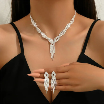 Elegant Women's Jewelry Set Rhinestone Tassel V-Necklace Earrings Zircon Bracelet Bridal Wedding Accessories Party Gift