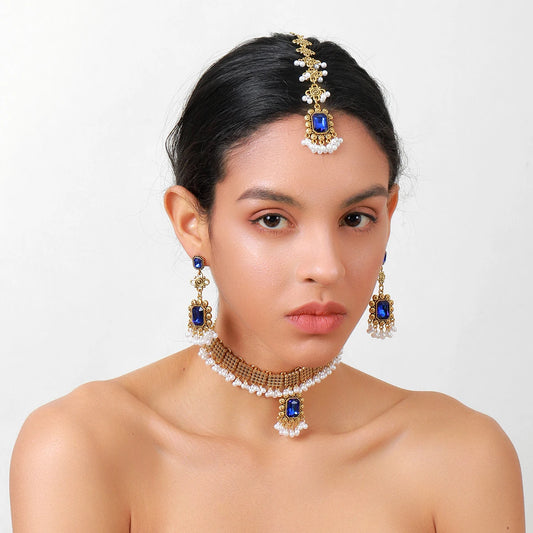 New Dubai Jewelry Set Earring for Women Bridal Wedding Accessories Vintage Geometric Crystal Necklace Forehead Headdress