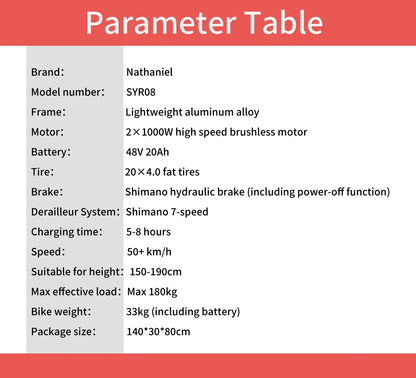 Nathaniel SYR08 2000W Dual Motor E-Bike,20*4.0 Fat Tire,20AH Detachable battery,Speed 50+,Daily commuting, Adult Electric Bike