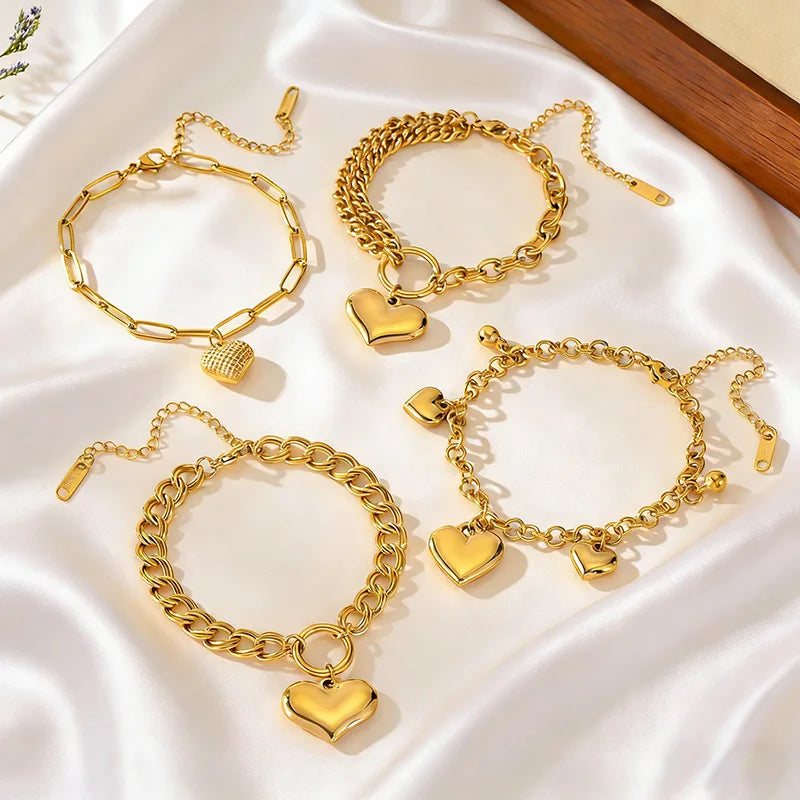 Golden Heart Bracelet Outfit Jewelry Party Gifts Set Fashion Gentle Love Bracelet Multilayer Chain Link Bracelet For Lady Woman