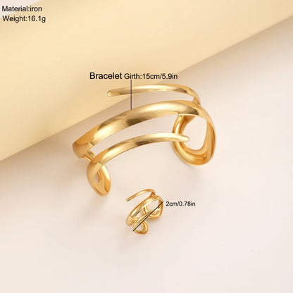 European and American Thick Bracelet and Ring Jewelry Set for Women Gold Color Geometric Line Bracelet Ring Combination Set Gift