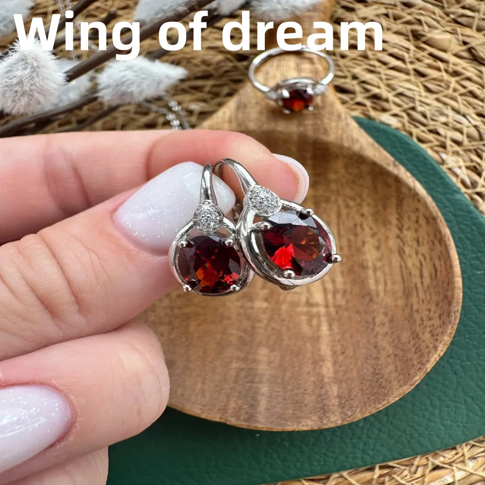 Luxury 925 Sterling Silver Jewelry Set, Inlaid With Red Crystal Zircon Necklace Earrings Ring Fashion Women's Couple Jewelry Set