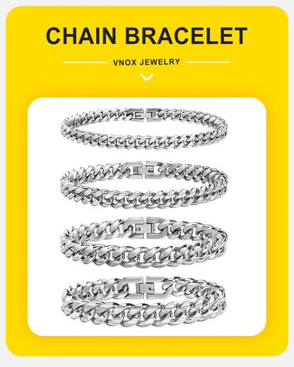 Vnox 6/8/10/12mm Cuban Chain Bracelets for Men Women, Solid Stainless Steel Curb Link Chain Wristband Jewelry