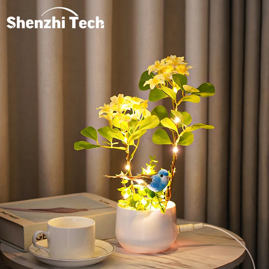 LED Flower and Bird Potted Lamp, Artificial Flower Table Lights, for Camping Gift Living Room Bedroom Mother Home Decor Lamp
