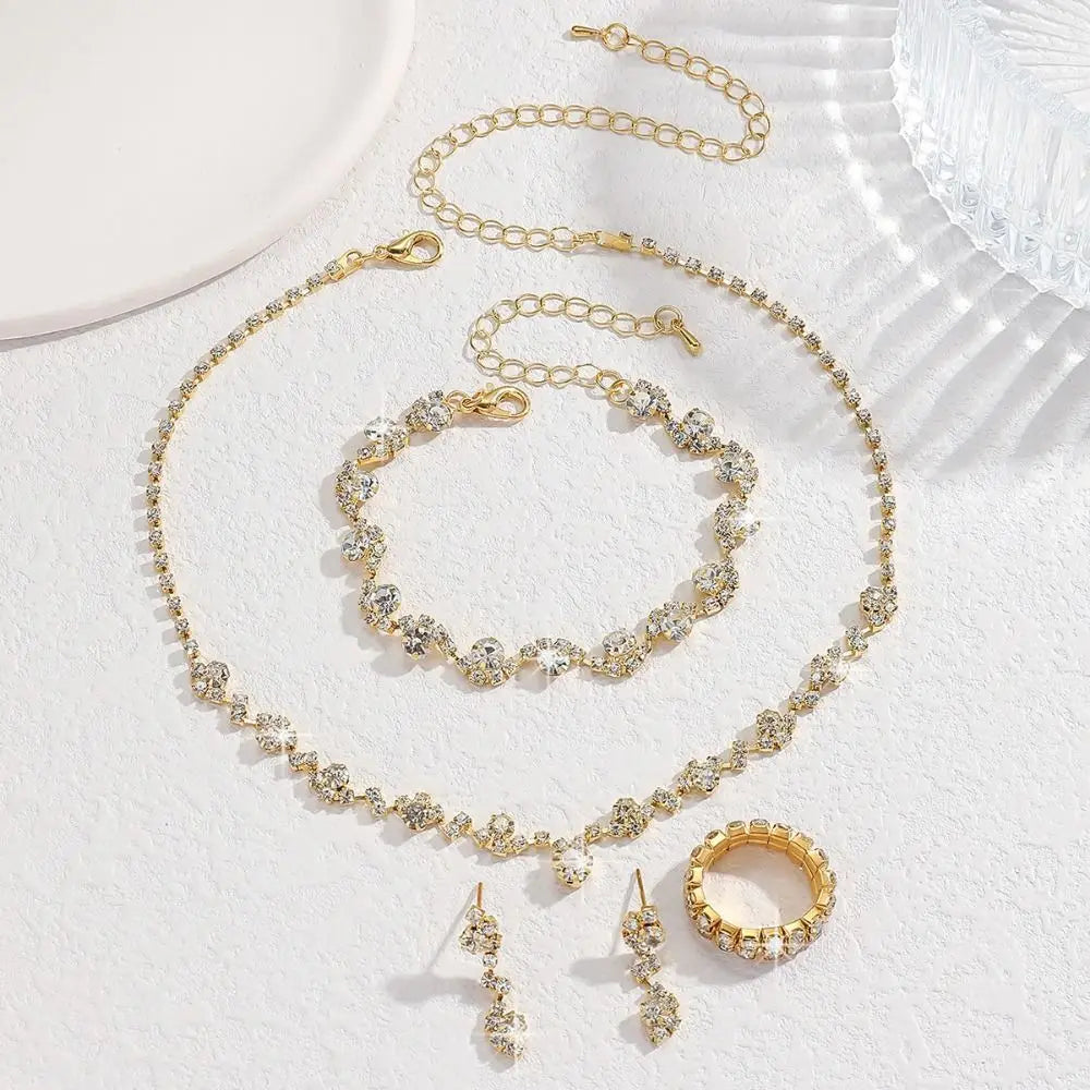 Bridal Shining Crystal Jewelry Set Rhinestone Exquisite Earrings Bracelet Diamond Necklace Women