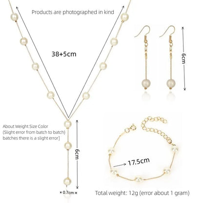 4pcs Gold-color Necklace Earring Bracelet Set Ladies Elegant Imitation-Pearls Collection Temperament Tassel Jewelry