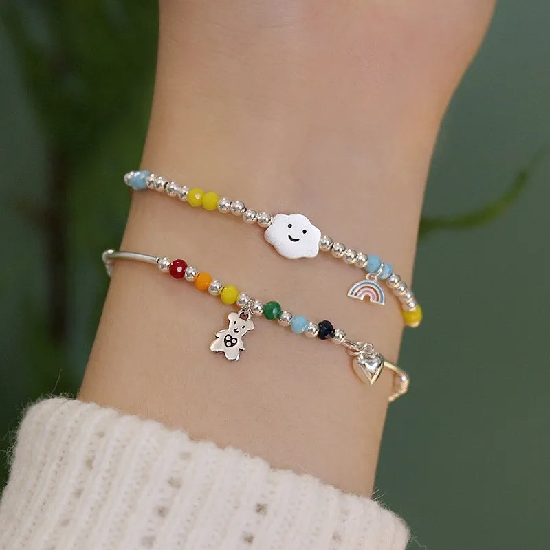 925 Sterling Silver Bracelet Wholesale Colored Hand Beads Smiling Face Rainbow Cloud Love Little Bear Beads Handicraft Gift