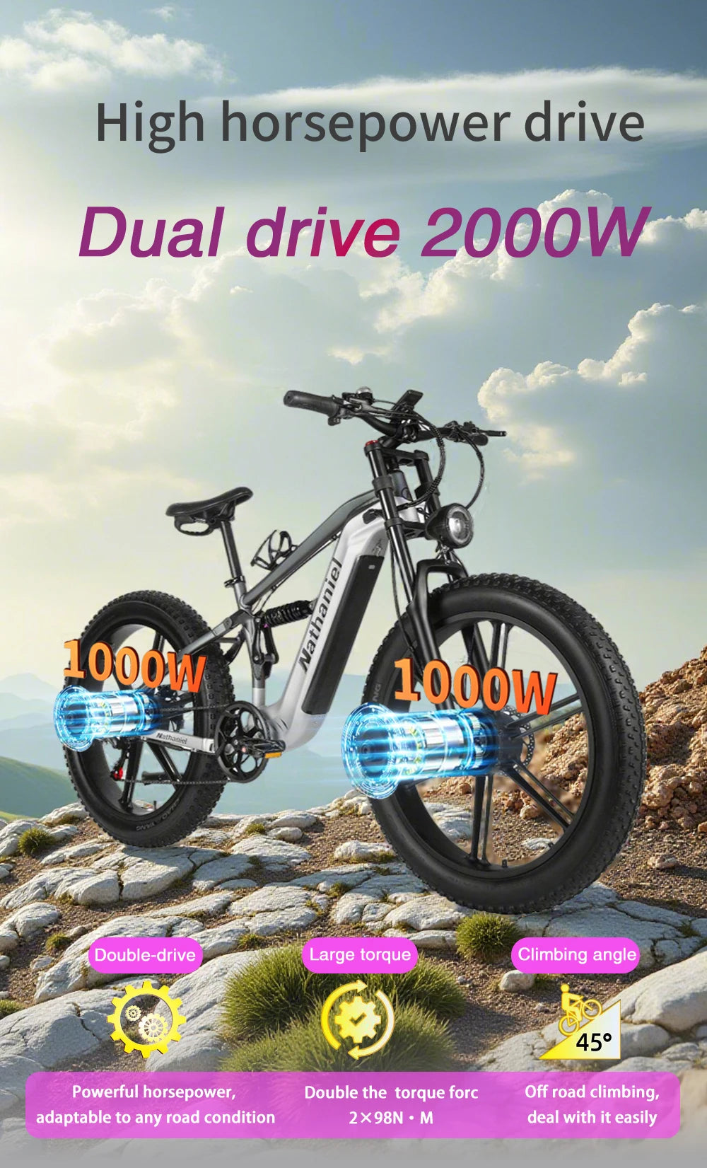 Nathaniel SYR09 adult electric bike, Dual motor 2000W,26*4.0Fat tires,48V20Ah,55KM/H, All terrain off-road E-bike