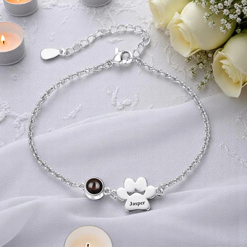 Custom Photo Projection Name Bracelets Personalized Picture Dog Cat Paw Charm Custom Name Text Pet Jewelry Gifts for Women