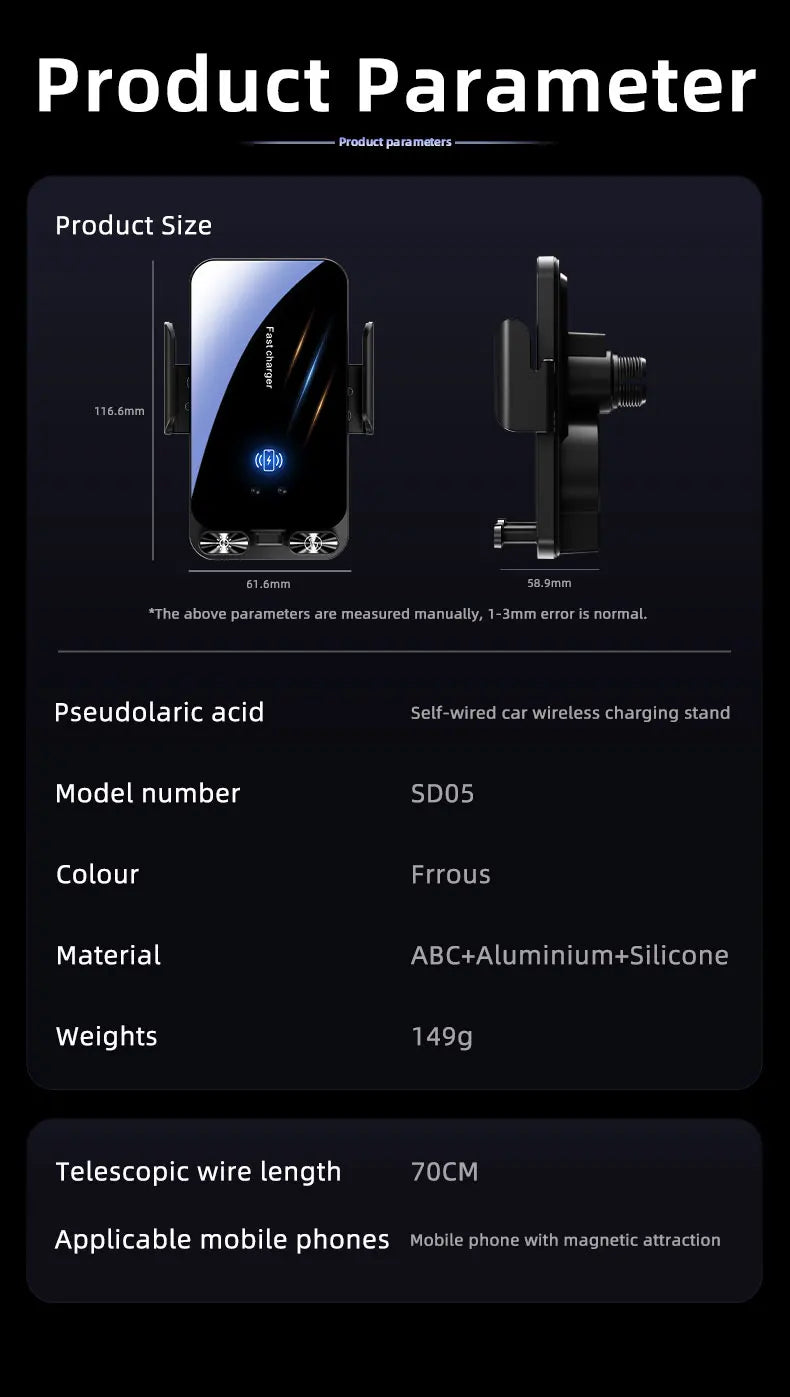 Magnetic Charger 15W Wireless Car Phone Holder with Cable Fast Charging Infrared Sensing Car Mount for iPhone Android