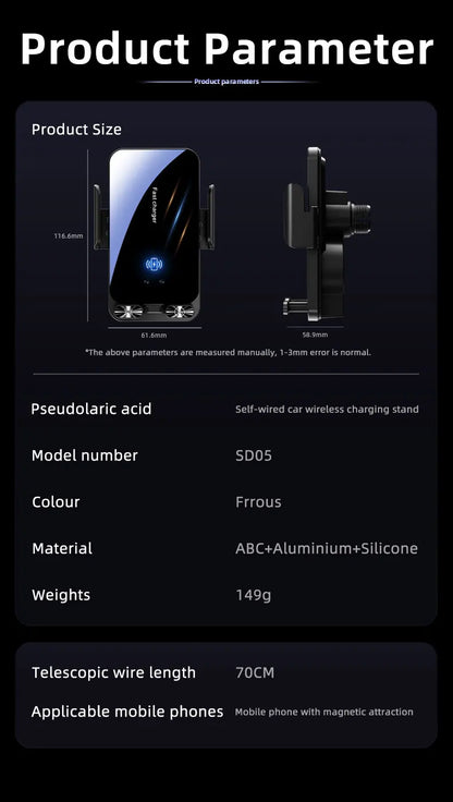 Magnetic Charger 15W Wireless Car Phone Holder with Cable Fast Charging Infrared Sensing Car Mount for iPhone Android