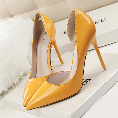Women 7.5cm 10.5cm High Heels Yellow Pumps Office Stiletto Wedding Bridal Scarpins Short Heels Lady Hollow Party Shoes