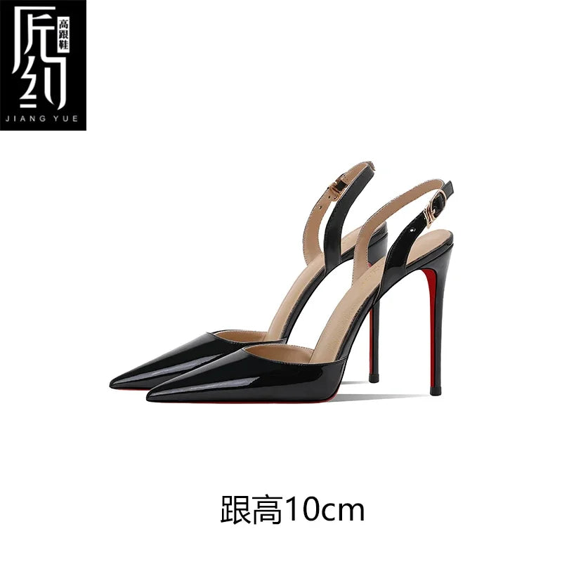 White patent leather toe back empty strap sandals for women, pointed thin heels, shallow mouth, high heels, single shoes