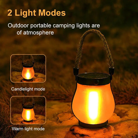 Camping Lamp Solar Flame Lights Garden Lantern Flickering LED Light Decorative Yard Decor with Rope Rechargeable Camping Lamp