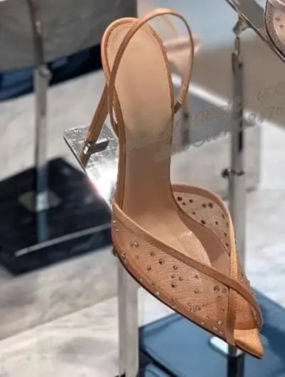 ALMUDENA Lace Flowers Mesh Crystal Sandals Stiletto Heel Pointed Toe Bling Bling Rhinestone Slingback Wedding Shoes Floral Pumps