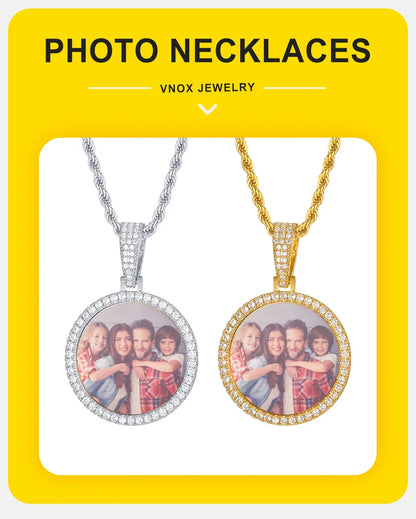 Vnox Free Custom Round Photo Frame Necklaces Gift for Women Men,Big Coin Pendant Zircon Stone Circle,Family Picture Gift to Dad