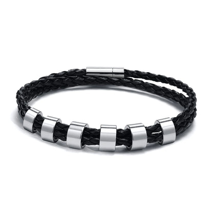Vnox Free Custom Name Mens Braided Genuine Leather Bracelet Gifts Jewelry,Stainless Steel Beads Charm with Family Names,Dad Gift