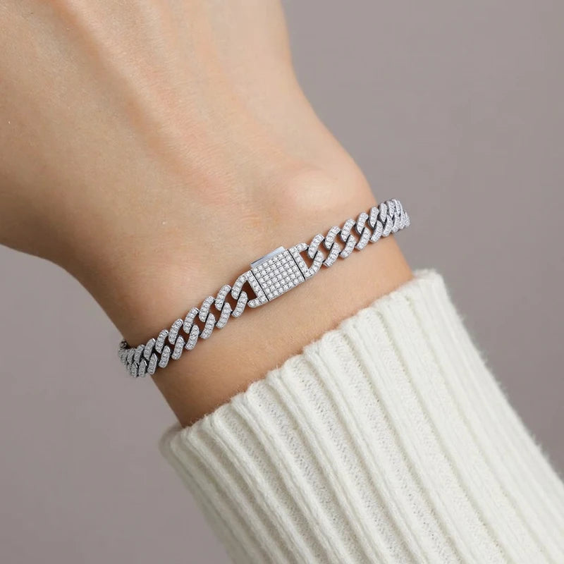 TUHE Unisex VVS1 D Color Moissanite 6mm Cuban Chain Bracelet  S925 Silver For Men Hip Hop Jewelry