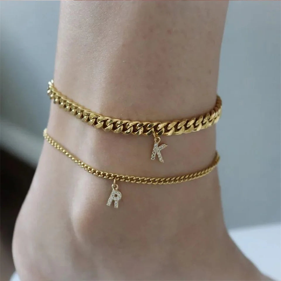 eManco Personalized DIY Accessories Stainless Steel Zirconia Alphabet Customized Women's Anklets Gold-plated Jewelry Wholesale
