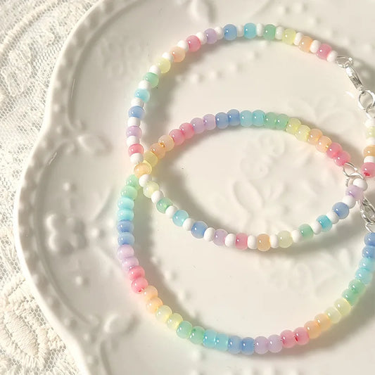 Fresh and Sweet Rainbow Colored Bead Bracelet with Cat's Eye and Rice Bead Design Niche and Versatile Bracelet Accessory Браслет