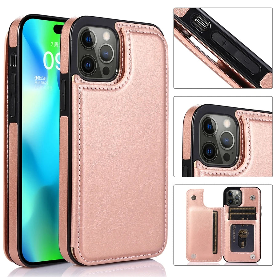 Wallet Double Button With Card Slot Stand Flip Leather Case For iPhone 16e 16 Pro Max 15 Plus 14 13 12 Mini 11 SE3 SE2 X XR 8 7