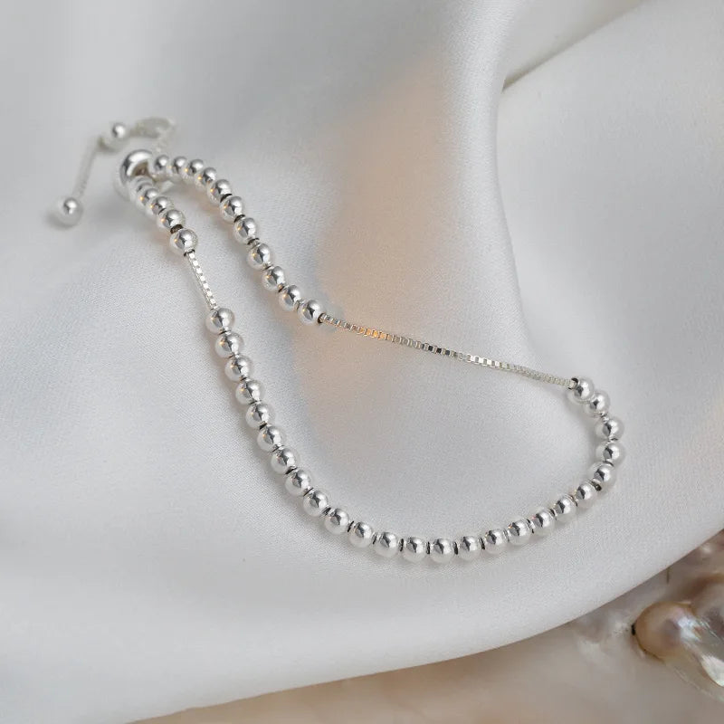 100% Solid 925 Sterling Silver Metal Bracelets for Women Men Beads Adjuatable Handmade Simple Bracelet Birthday Christmas Gift