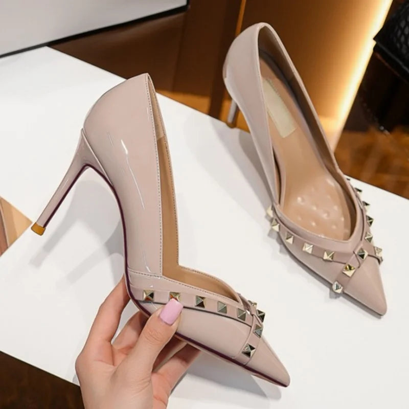 Metal Rivet Corss Tied High Heel Pumps Pointed Toe Thick Heel Matte Leather New Arrivals Fashion Women Modern Shoes