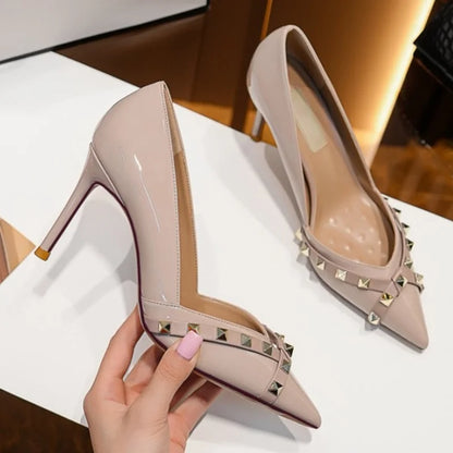 Metal Rivet Corss Tied High Heel Pumps Pointed Toe Thick Heel Matte Leather New Arrivals Fashion Women Modern Shoes