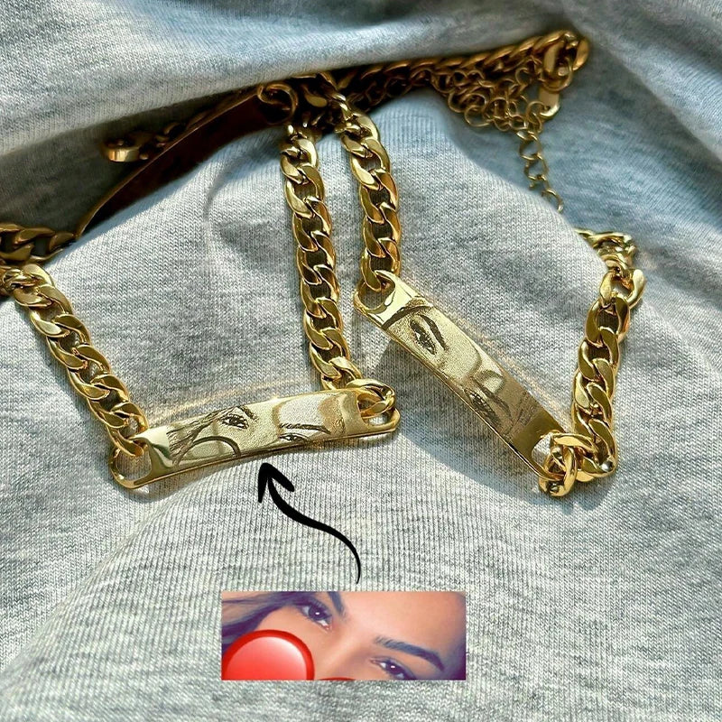 Customized Photo Engraved Couple Bracelet Personalized Laser Engraved Eye Picture On Stainless Steel Chain Jewelry Couples Gifts