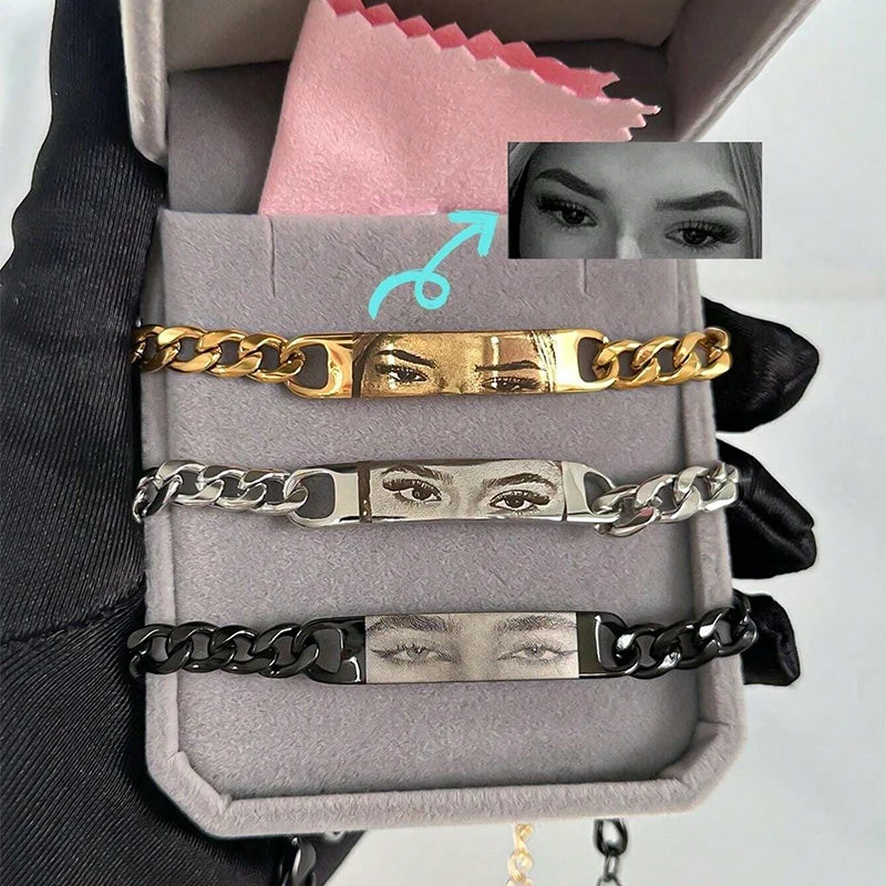 Customized Photo Engraved Couple Bracelet Personalized Laser Engraved Eye Picture On Stainless Steel Chain Jewelry Couples Gifts