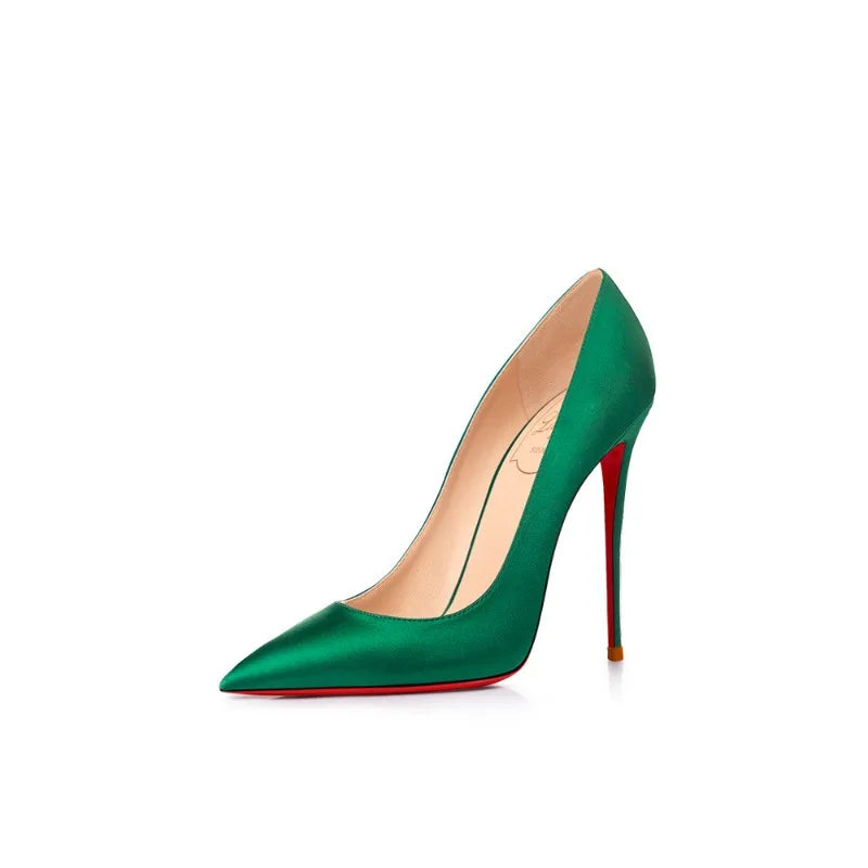 2025 Winter New High-heeled Shoes for Women, Green, Real Silk Satin, Thin Heel, Pointed Toe,Elegant,12cm,Single Shoes for Ladies