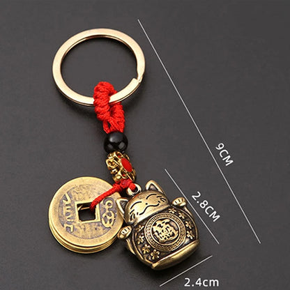 1Pc Vintage Pure Handmade Lucky Cat Car Keychain Lucky Cat Five Emperors Money Keychain Feng Shui Coins Solid Lucky Key Ring