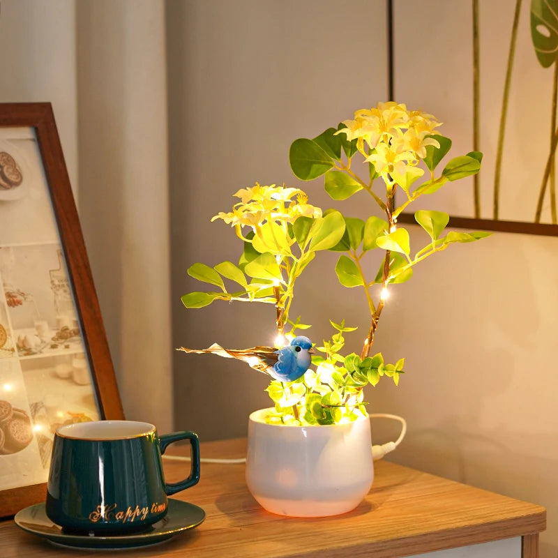 LED Flower and Bird Potted Lamp, Artificial Flower Table Lights, for Camping Gift Living Room Bedroom Mother Home Decor Lamp