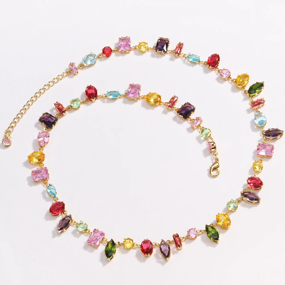 18K Golden Plated New Luxury Colourful Crystal Zircon Necklace For Women Fashion Party Jewelry Accessories Ladies Jewellery