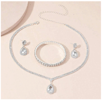4 Pieces Luxurious Jewelry Set Exquisite Rhinestone Pendant Elegant Women's Crystal Silver Plated Necklace Earrings Bracelet Set