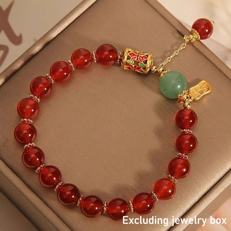 Red Agate Bracelet Women's Elegant Adjustable Beaded Bracelet Exquisite Strawberry Lucky Bead Crystal Bracelet Unisex Браслет