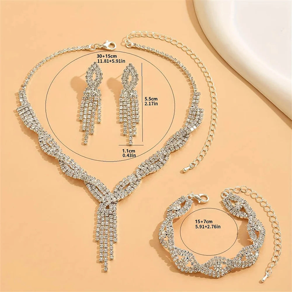 Elegant Women's Jewelry Set Rhinestone Tassel V-Necklace Earrings Zircon Bracelet Bridal Wedding Accessories Party Gift
