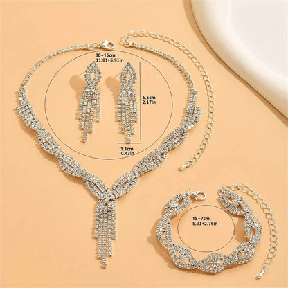 Elegant Women's Jewelry Set Rhinestone Tassel V-Necklace Earrings Zircon Bracelet Bridal Wedding Accessories Party Gift