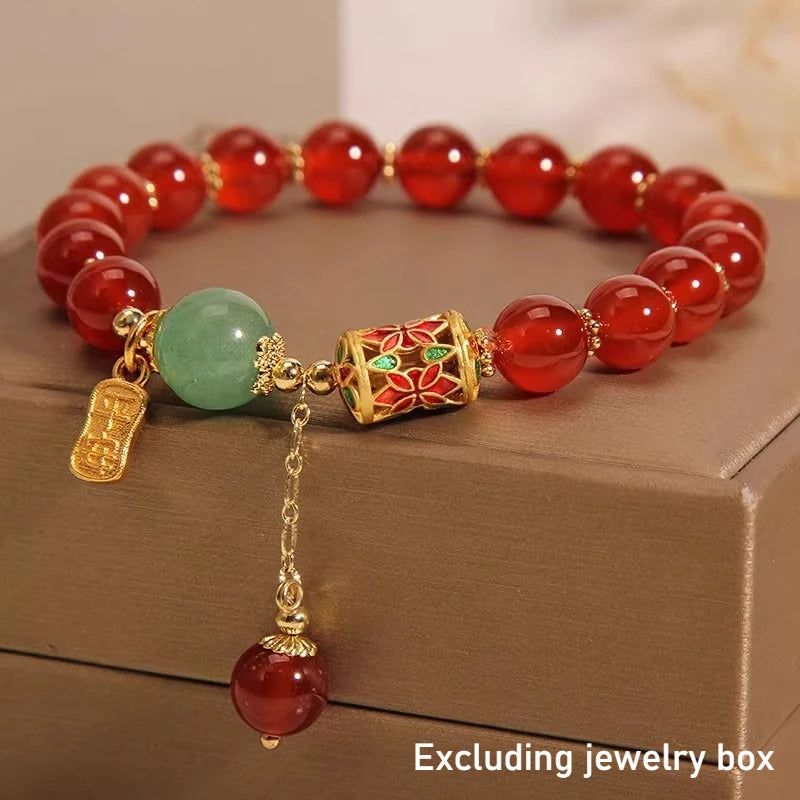 Red Agate Bracelet Women's Elegant Adjustable Beaded Bracelet Exquisite Strawberry Lucky Bead Crystal Bracelet Unisex Браслет