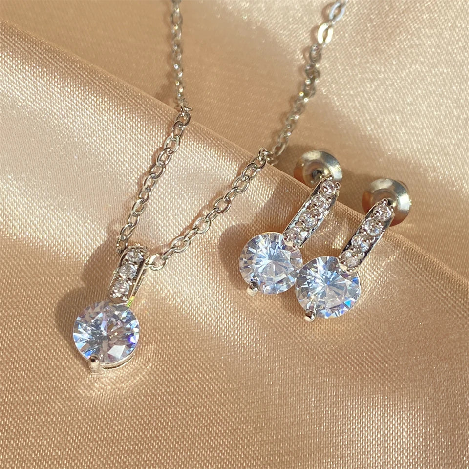 Elegant Bridal Wedding Jewelry Sets Female Round Clear Crystal Zirconia Pendant Necklace Earrings Party Jewellery for Women